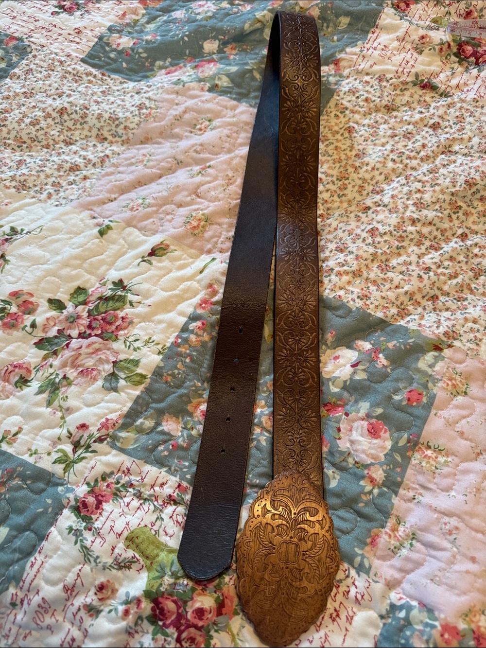Chinese Laundry Brown Embossed Leather Belt with Decorative Floral Tip
